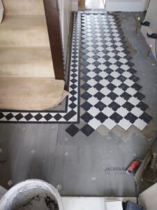 VictorianTiles HallwayRenovation PeriodProperty TileInstallation FloorTiling BlackAndWhiteTiles Doncaster Yorkshire Jackoboard Kerakoll BALGrout Tiler TilingSpecialist HomeRenovation