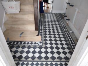VictorianTiles HallwayRenovation PeriodProperty TileInstallation FloorTiling BlackAndWhiteTiles Doncaster Yorkshire Jackoboard Kerakoll BALGrout Tiler TilingSpecialist HomeRenovation